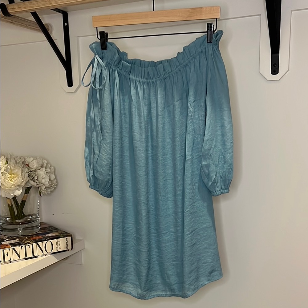 Off-Shoulder or Mock Neck Blue Shirt Dress